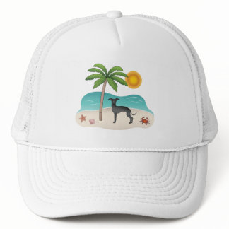 Black Italian Greyhound At Tropical Summer Beach Trucker Hat