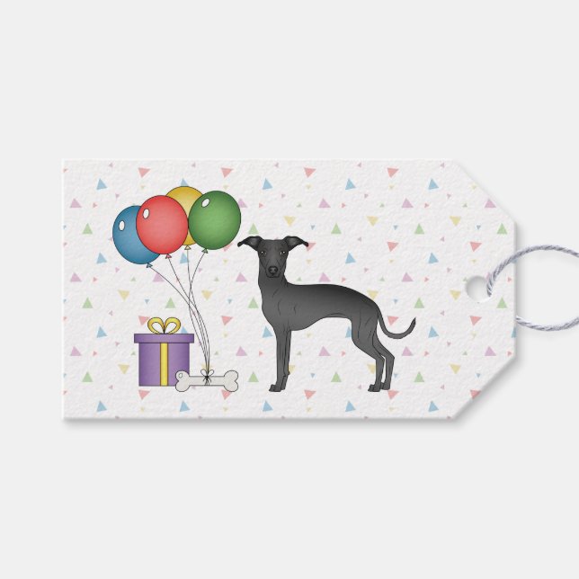 Black Italian Greyhound Cartoon Dog Happy Birthday Gift Tags (Front (Horizontal))