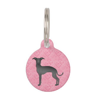 Black Italian Greyhound Cartoon Dog On Pink Hearts Pet ID Tag