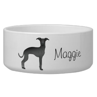 Black Italian Greyhound Cartoon Dog With A Name Bowl