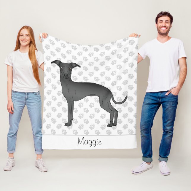 Black Italian Greyhound Cartoon Dog With A Name Fleece Blanket (In Situ)