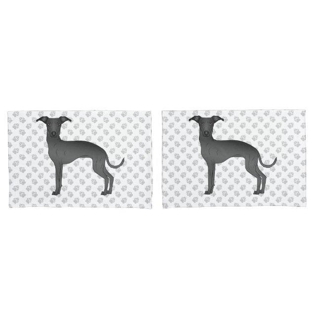 Black Italian Greyhound Cartoon Dog With Paws Pillow Case (Front-Set)