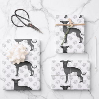 Black Italian Greyhound Cartoon Dogs With Paws Wrapping Paper Sheets