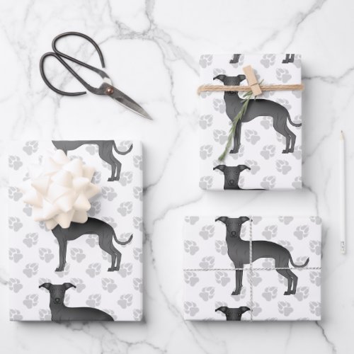 Black Italian Greyhound Cartoon Dogs With Paws Wrapping Paper Sheets