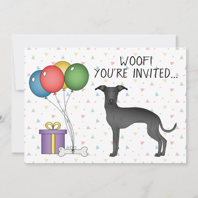 Black Italian Greyhound Cute Cartoon Dog Birthday Invitation (Front)