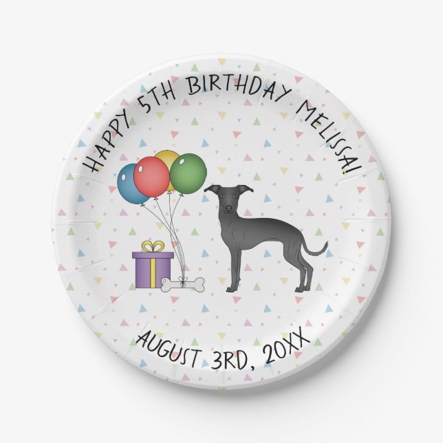 Black Italian Greyhound Cute Cartoon Dog Birthday Paper Plates (Front)