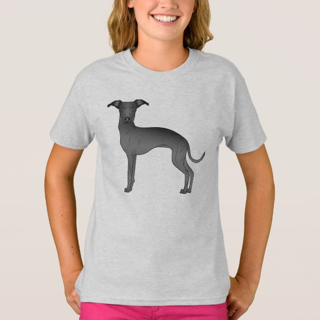 Black Italian Greyhound Cute Cartoon Dog T-Shirt (Front)