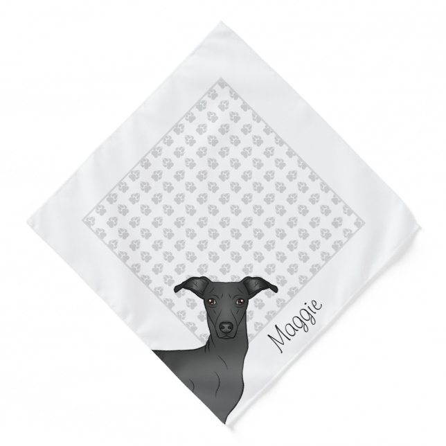 Black Italian Greyhound Cute Cartoon Dog With Name Bandana (Front)