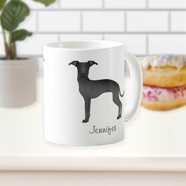 Black Italian Greyhound Cute Cartoon Dog With Name Coffee Mug (Creator Uploaded)