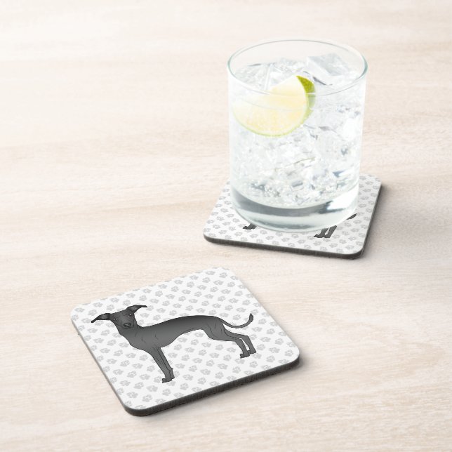 Black Italian Greyhound Cute Cartoon Dog With Paws Beverage Coaster (Right Side)