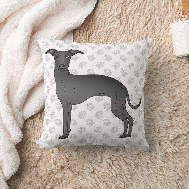 Black Italian Greyhound Cute Cartoon Dog With Paws Throw Pillow (Blanket)