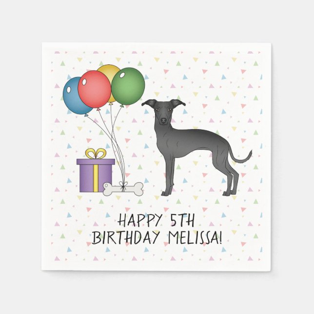 Black Italian Greyhound Cute Dog - Happy Birthday Napkins (Front)
