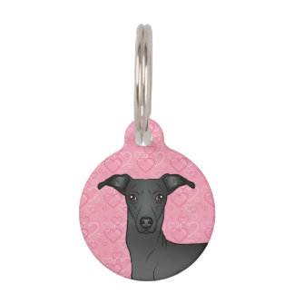 Black Italian Greyhound Cute Dog Head Pink Hearts Pet ID Tag