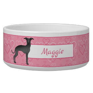 Black Italian Greyhound Cute Dog On Pink Hearts Bowl
