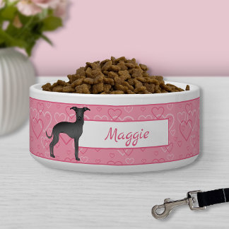 Black Italian Greyhound Cute Dog On Pink Hearts Bowl