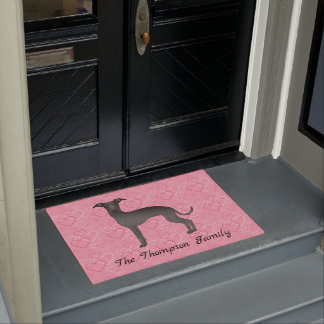 Black Italian Greyhound Cute Dog On Pink Hearts Doormat