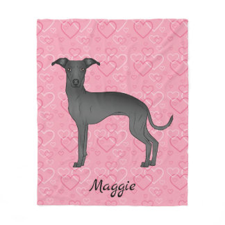 Black Italian Greyhound Cute Dog On Pink Hearts Fleece Blanket