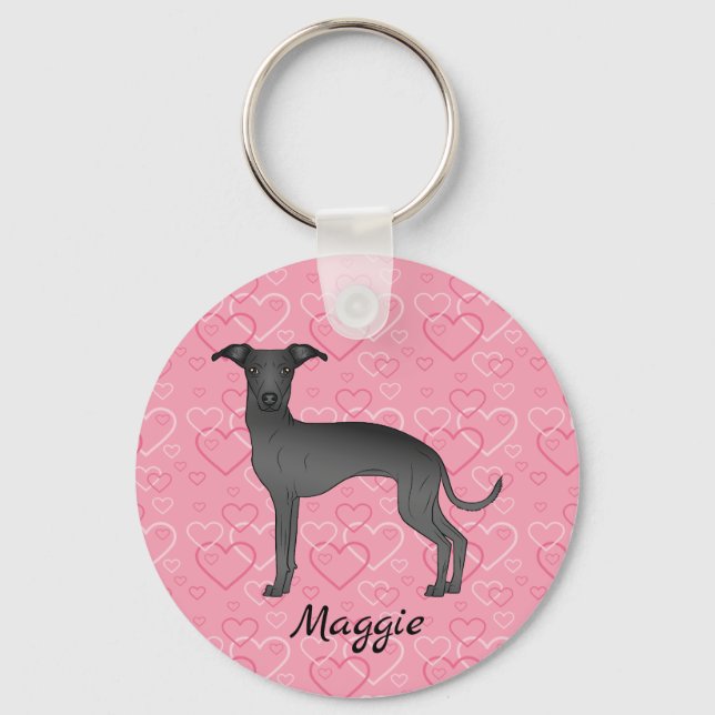 Black Italian Greyhound Cute Dog On Pink Hearts Keychain (Front)
