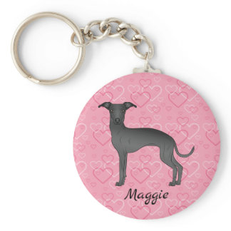Black Italian Greyhound Cute Dog On Pink Hearts Keychain