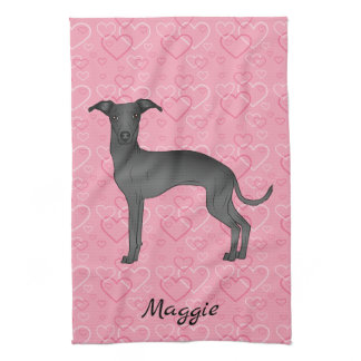 Black Italian Greyhound Cute Dog On Pink Hearts Kitchen Towel