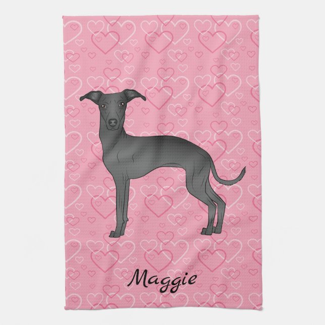 Black Italian Greyhound Cute Dog On Pink Hearts Kitchen Towel (Vertical)