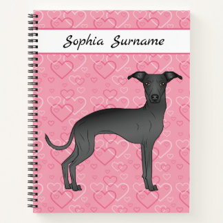 Black Italian Greyhound Cute Dog On Pink Hearts Notebook