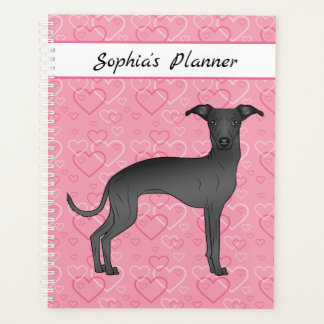 Black Italian Greyhound Cute Dog On Pink Hearts Planner