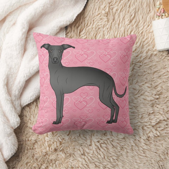 Black Italian Greyhound Cute Dog On Pink Hearts Throw Pillow (Blanket)