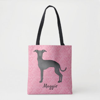 Black Italian Greyhound Cute Dog On Pink Hearts Tote Bag