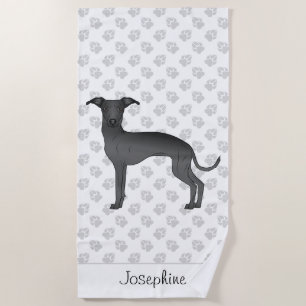 Black Italian Greyhound Cute Dog With Custom Name Beach Towel