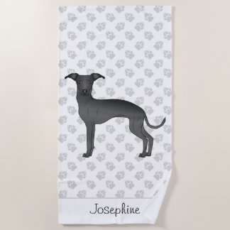 Black Italian Greyhound Cute Dog With Custom Name Beach Towel