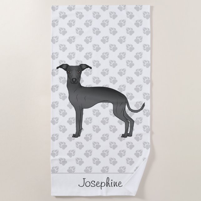 Black Italian Greyhound Cute Dog With Custom Name Beach Towel (Front)