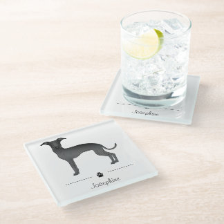Black Italian Greyhound Cute Dog With Custom Text Glass Coaster