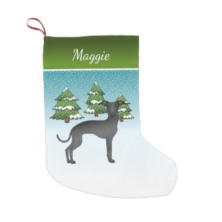 Black Italian Greyhound Dog In A Winter Forest Small Christmas Stocking