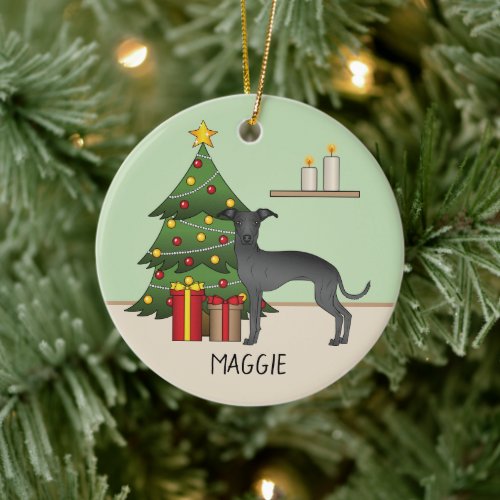 Black Italian Greyhound Dog With A Christmas Tree Ceramic Ornament
