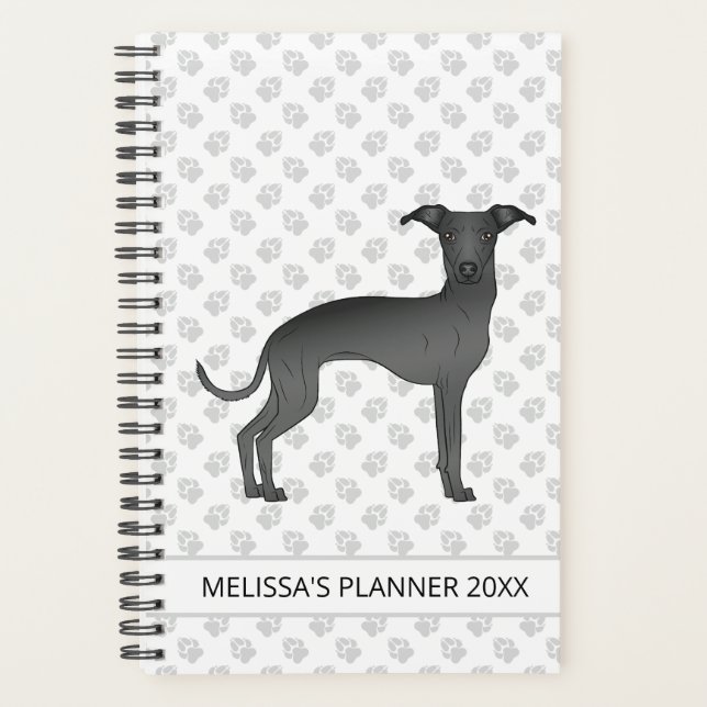 Black Italian Greyhound Dog With Custom Text Planner (Front)