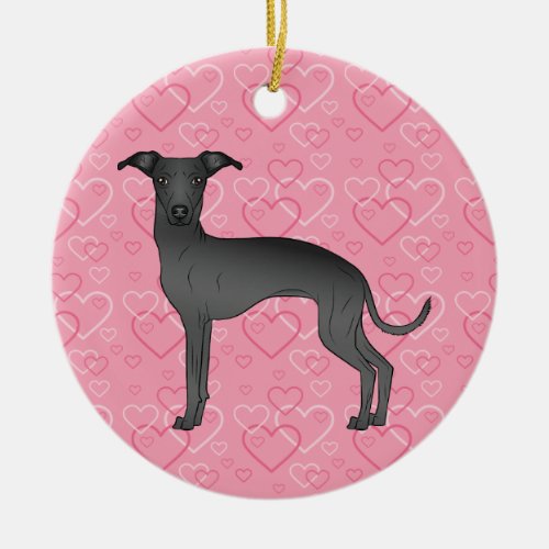 Black Italian Greyhound Pink Hearts Pet Memorial Ceramic Ornament