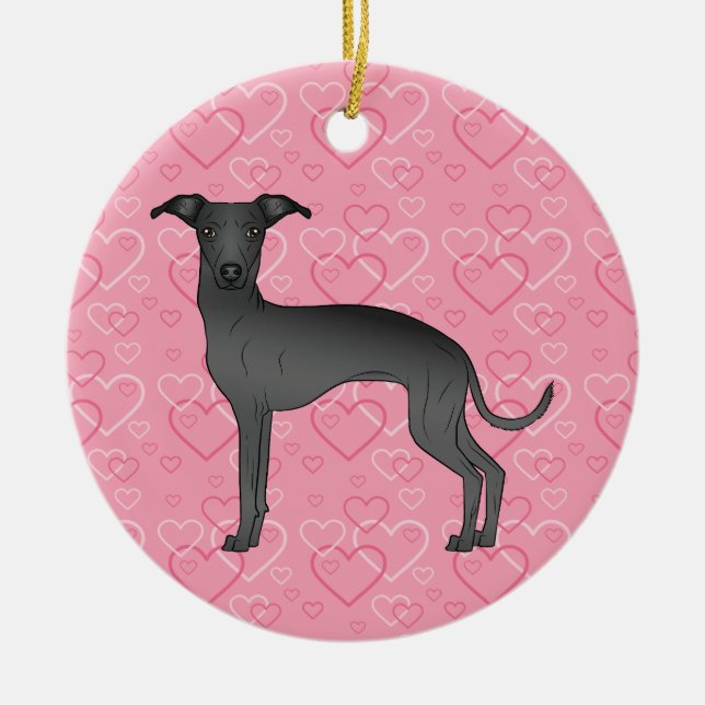 Black Italian Greyhound Pink Hearts Pet Memorial Ceramic Ornament (Front)