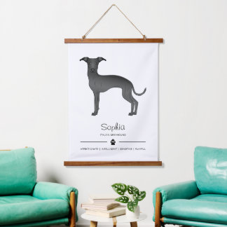 Black Italian Greyhound With A Paw And Custom Text Hanging Tapestry