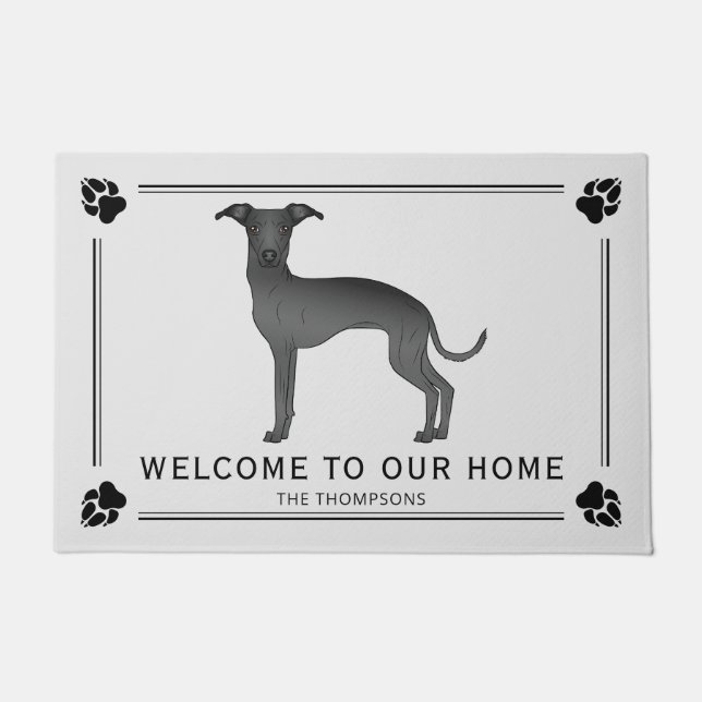 Black Italian Greyhound With Paws And Custom Text Doormat (Front)