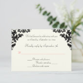 Black, Ivory, and Coral Damask RSVP Card (Standing Front)