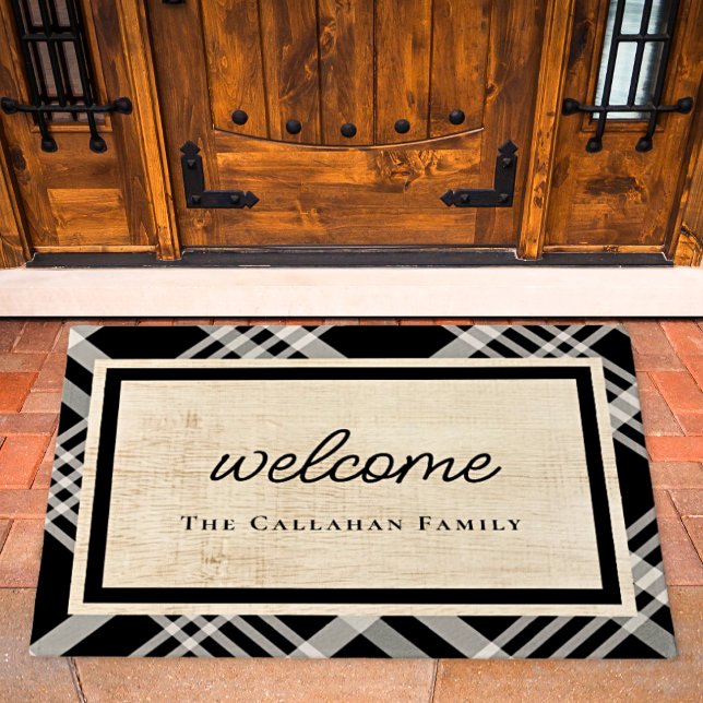 Black & Ivory Beige Plaid Personalized Welcome Doormat (Creator Uploaded)