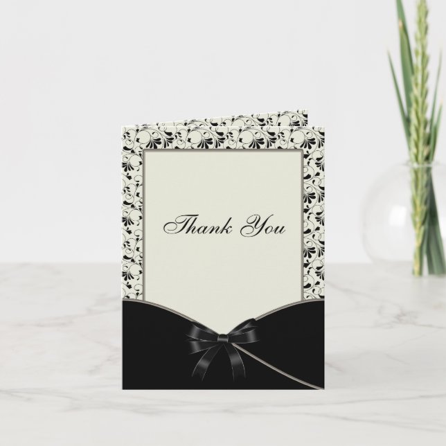 Black Ivory Cream DamaskThank You Card (Front)