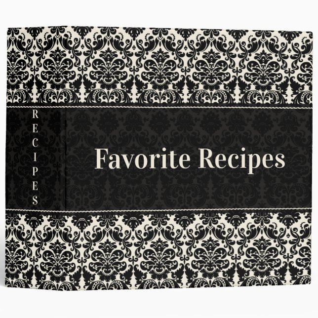 Black, Ivory Damask Recipe Binder (Front/Spine)