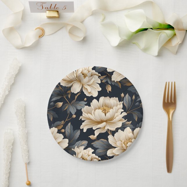 Black Ivory Floral Personalized Paper Plates (Wedding)