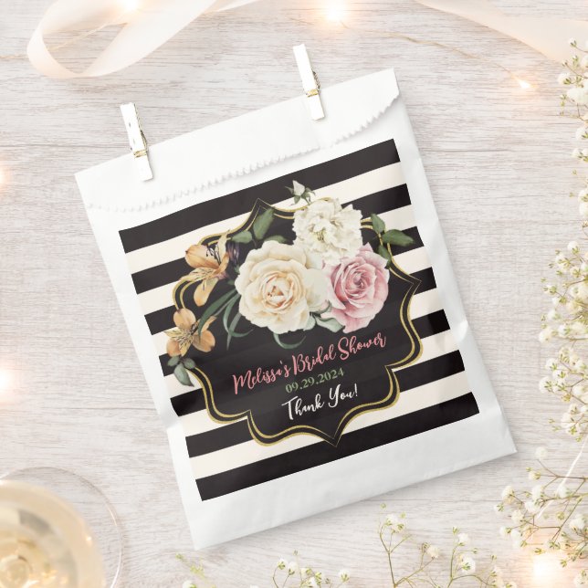 Black, Ivory, Gold Floral Bouquet Favor Bag (Clipped)