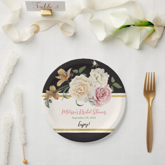 Black, Ivory, Gold Floral Bouquet Paper Plates (Wedding)