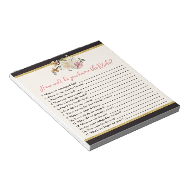 Black, Ivory, Gold Floral Bridal Shower Game Notepad (Angled)