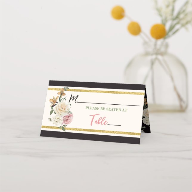 Black, Ivory, Gold Floral Bridal Shower Place Card (Front)