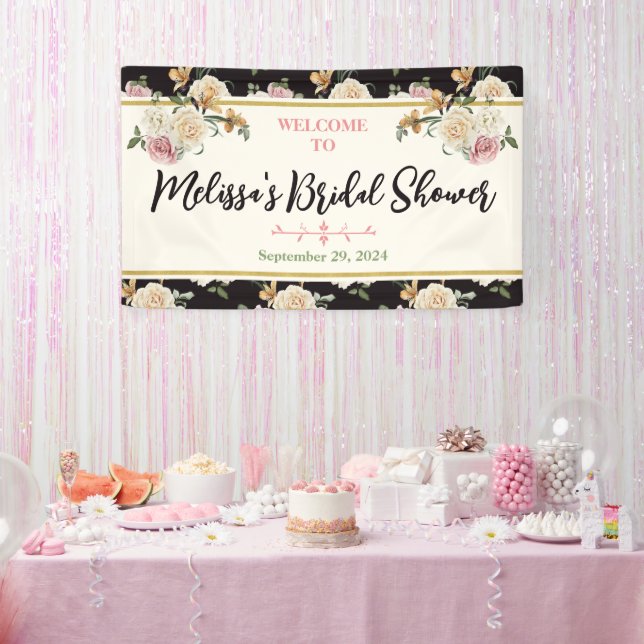 Black, Ivory, Gold Floral Bridal Shower Welcome Banner (Party)